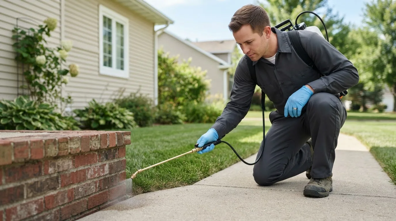 Pest control technician treating a home near Stirum, ND